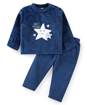 Babyhug Velour Knit Full Sleeves Winter Wear Night Suit With Stars Print - Navy