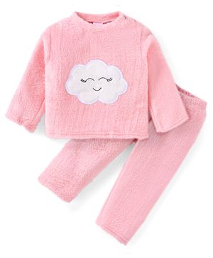 Babyhug Velour Knit Full Sleeves Winter Wear Night Suit with Cloud Patch - Pink