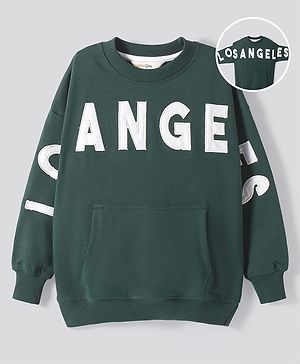 Primo Gino Cotton Knit Full Drop Shoulder Sleeves Text Printed Sweatshirt With Kangaroo Pockets - Green