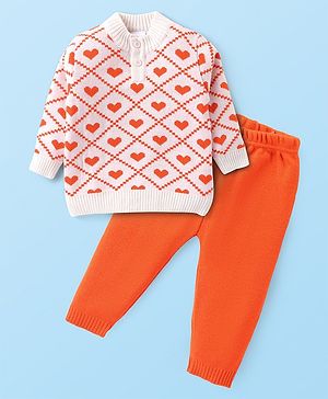 Babyhug Knit Full Sleeves Sweater Set with Heart Design -Orange & Off White