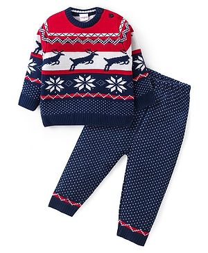 Babyhug Knit Full Sleeves Sweater Set with Intarsia Design -Navy Blue