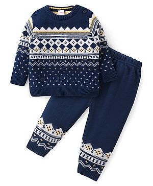 Babyhug Knit Full Sleeves Sweater Set with Aztec Design -Navy Blue