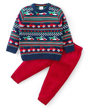 Babyhug Knit Full Sleeves Sweater Set with Aztec & Cars Design - Multicolour