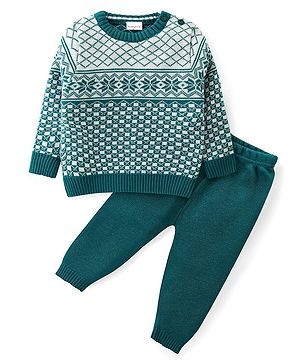 Babyhug Knit Full Sleeves Sweater Set with Argyle Design - Green