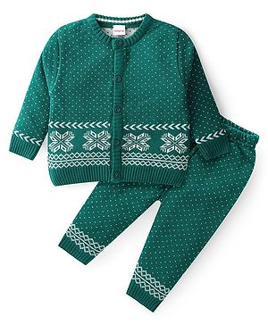 Babyhug Knit Full Sleeves Front Open Sweater Set with Polka Dot Design - Green
