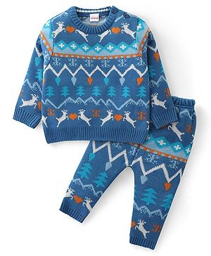 Babyhug Knit Full Sleeves Sweater Set with Aztec & Reindeer Design - Blue