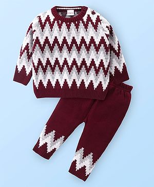 Babyhug Knitted Full Sleeves Pullover Sweater Set with Chevron Design - Maroon
