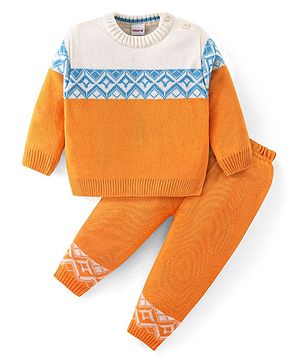 Babyhug Knit Full Sleeves Sweater Set With Colour Block Design - Orange