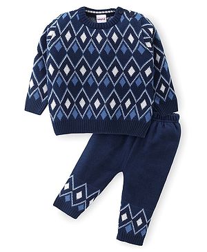 Babyhug Knitted Full Sleeves Pullover Sweater Set with Diamond Design - Navy Blue