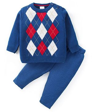 Babyhug Knitted Full Sleeves Sweater Set with Cosby Argyle Design  - Blue