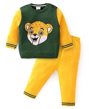 Babyhug Knit Full Sleeves Sweater Set With Animal Design - Green & Yellow