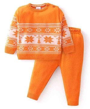 Babyhug Knit Full Sleeves Sweater Set With Floral Design - Orange