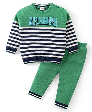 Babyhug Knitted Full Sleeves Sweater Set with Stripes Design & Text Patch Detailing - Green