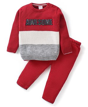 Babyhug Knitted Full Sleeves Pullover Sweater Set with Text Embroidery - Red & Grey