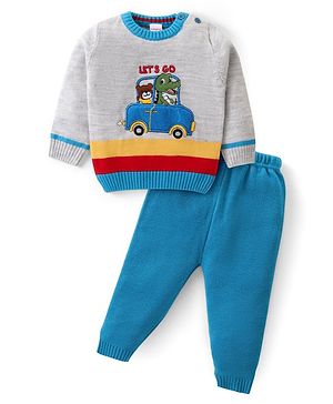 Babyhug Knitted Full Sleeves Pullover Sweater Set With Stripes & Dino Embroidery - Blue & Light Grey