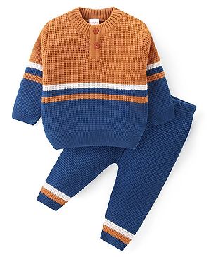 Babyhug Knitted Full Sleeves Pullover Sweater Set With Colour Block Design - Orange & Blue