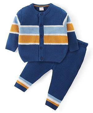 Babyhug Knitted Full Sleeves Front Open Sweater Set With Stripes Design - Navy Blue