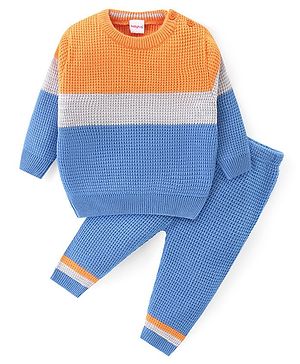 Babyhug Knitted Full Sleeves Pullover Sweater & Pant Set With Colour Block Design - Orange & Blue