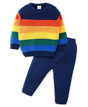 Babyhug Knitted Full Sleeves Pullover Sweater Set With Stripes Design - Navy Blue