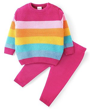 Babyhug Knit Full Sleeves Striped Sweater Set - Pink