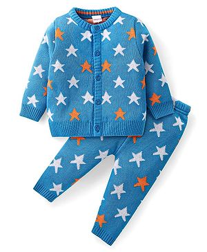 Babyhug Knit Full Sleeves Sweater Set with Star Design - Blue