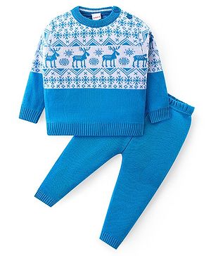Babyhug Knit Full Sleeves Sweater Set Reindeer Design - Blue