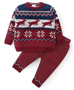Babyhug Knitted Full Sleeves Pullover Sweater & Pant Set With Reindeer & Floral Design - Maroon