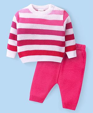 Babyhug Knitted Full Sleeves Pullover Sweater Set With Stripes Design - Pink
