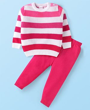 Babyhug Knitted Full Sleeves Striped Pullover Sweater Set - Dark Pink