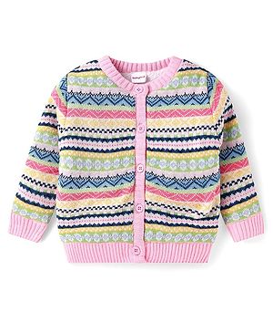 Babyhug Knitted Full Sleeves Front Open Sweater with  Design - Pink & Yellow