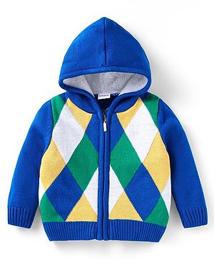 Babyhug Knitted Full Sleeves Front Open Hooded Sweater With Colour Block - Blue