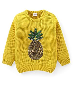 Babyhug Knitted Full Sleeves Pullover Sweater with Sequin Pineapple Design - Light Yellow