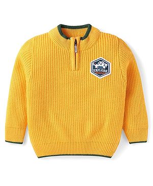 Babyhug Knitted Full Sleeves Pullover Sweater with Front Zipper & Patch Detailing - Mustard Yellow