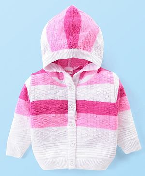 Babyhug Knitted Full Sleeves Front Open Hooded Sweater with Stripes Design - Pink