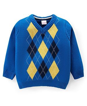 Babyhug Knit Full Sleeves Pullover  Sweater with Argyle Design - Blue