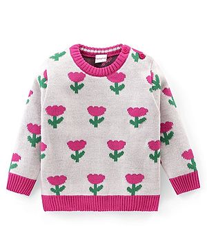 Babyhug Knit Full Sleeves Pullover Sweater with Floral Design - White & Pink