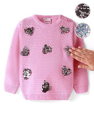 Babyhug Knitted Full Sleeves Pullover Sweater With Sequined Heart Design - Pink