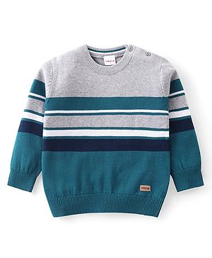 Babyhug Knitted Full Sleeves Pullover Light Weight Sweater with Striped Design - Blue & Grey