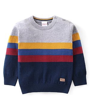 Babyhug Knitted Full Sleeves Pullover Light Weight  Sweater with Striped Design - Grey & Navy Blue