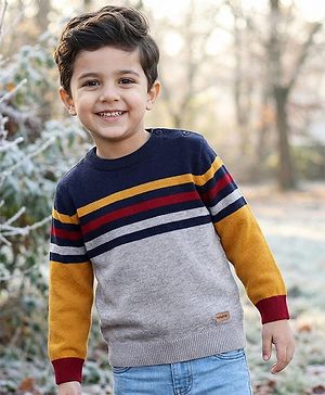 Babyhug Cotton Knitted Full Sleeves Pullover Light Weight  Sweater With Colour Block Design & Stripes - Multicolour