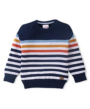 Babyhug Cotton Knitted Full Sleeves Pullover Light Weight  Sweater With Stripes - Navy Blue