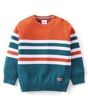 Babyhug Knitted Full Sleeves Pullover Striped Light Weight  Sweater - Orange & Green