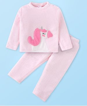 Babyhug Velour Knit Full Sleeves Winter Wear Night Suit with Unicorn  Applique - Pink