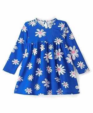 Bonfino 100% Cotton  Knit Full Sleeves Frock with Chest Pocket & Floral Print - Blue