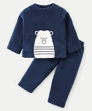 Babyhug Velour Knit Full Sleeves Winter Night Suit With Bear Design - Navy