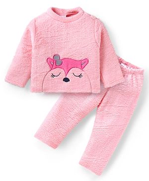 Babyhug Velour Knit Full Sleeves Winter Night Suit With Fur Detailing & Animal Embroidery - Pink