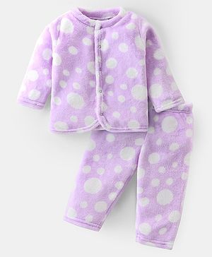 Babyhug Velour Woven Full Sleeves Winter Wear Night Suit With Polka Dots Print - Lilac