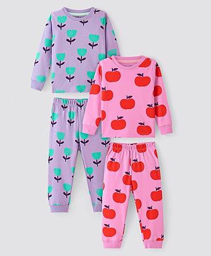 Bonfino 100% Cotton Knit Full Sleeves Night Suits with Apple Print Pack of 2 - Lavender & Pink