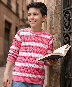Pine Kids Knitted Full Sleeves Striped Pullover Sweater - Pink