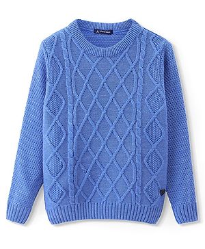 Pine Kids Knitted Full Sleeves Pullover Sweater with Cable Knit Design - Blue